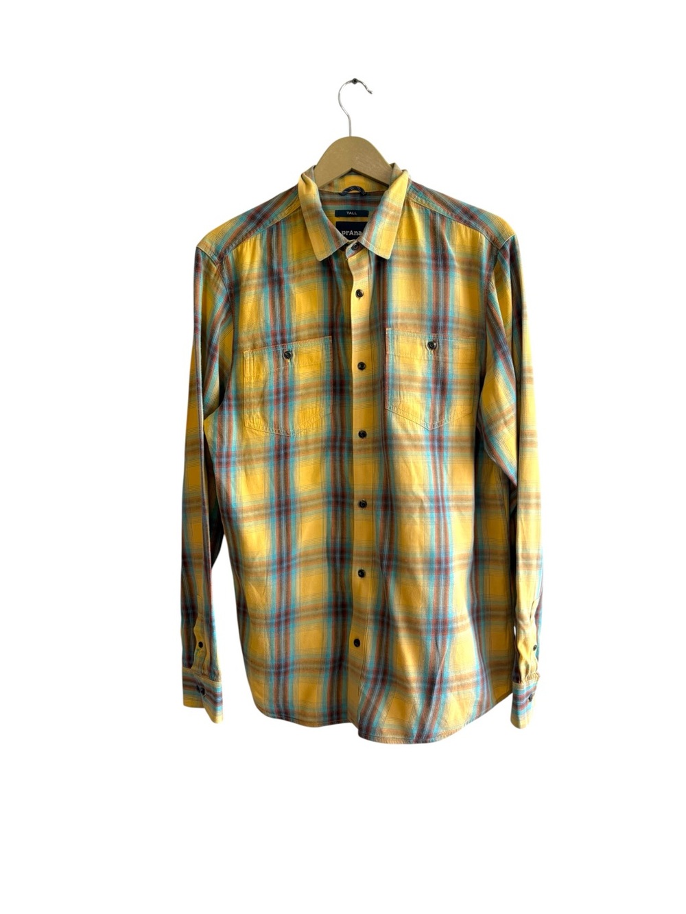 Prana Mens Medium Tall Dolberg Flannel Button Up Shirt Yellow Blue Plaid Western